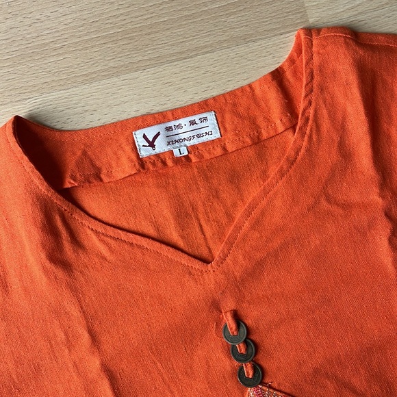 (New) Orange Linen T-Shirt - Tribal Print/Embroidery - Picture 6 of 9
